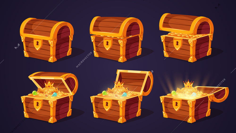 Pirate treasures set of cartoon open and closed wooden chests full of gold coins and jewels isolated on dark background vector illustration