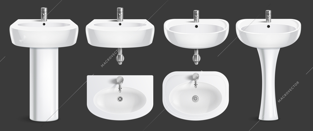 Realistic white sink set of isolated images with top and front views of sinks with faucets vector illustration