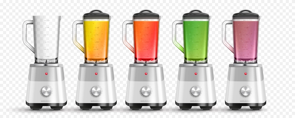 Realistic kitchen household set of isolated images with front views of blenders with colorful liquid smoothies vector illustration