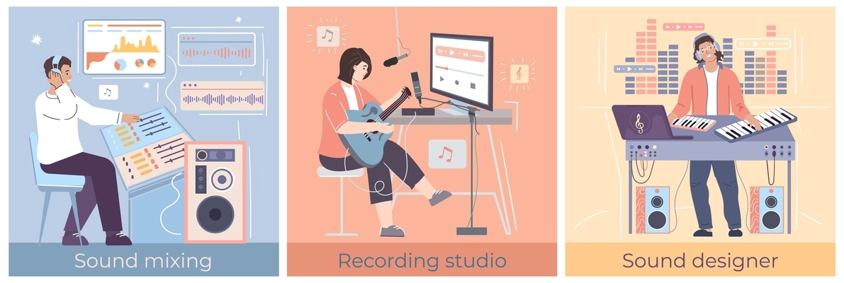 Digital music creation concept set with sound designers and musicians recording songs using mixing equipment isolated vector illustration