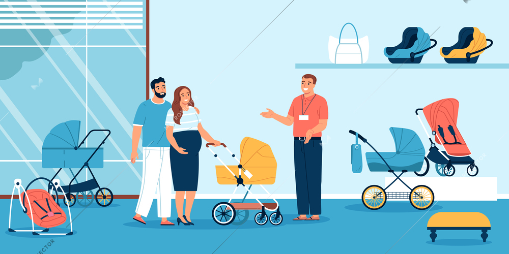 Pregnant woman with her husband choosing baby carriage in shop flat vector illustration