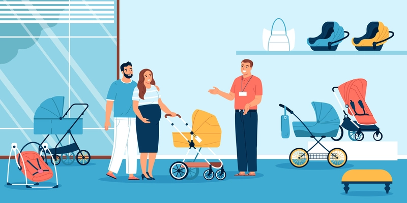 Pregnant woman with her husband choosing baby carriage in shop flat vector illustration