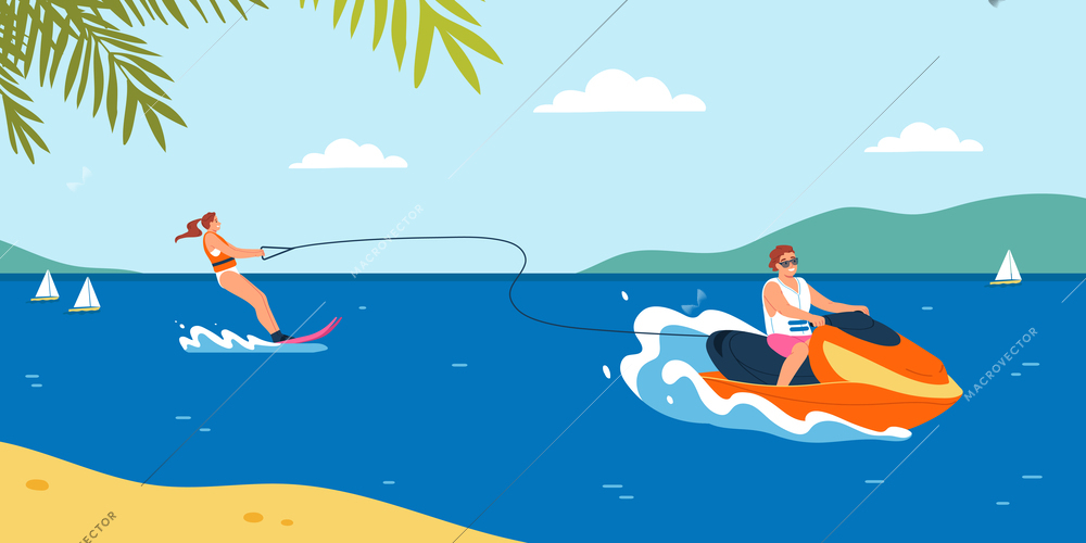 Happy people doing water sport during summer holiday flat vector illustration