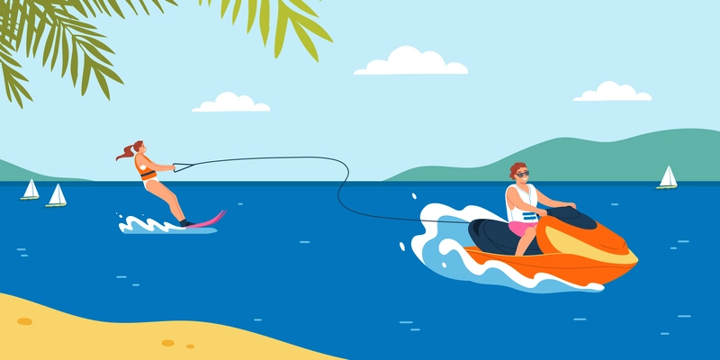 Happy people doing water sport during summer holiday flat vector illustration