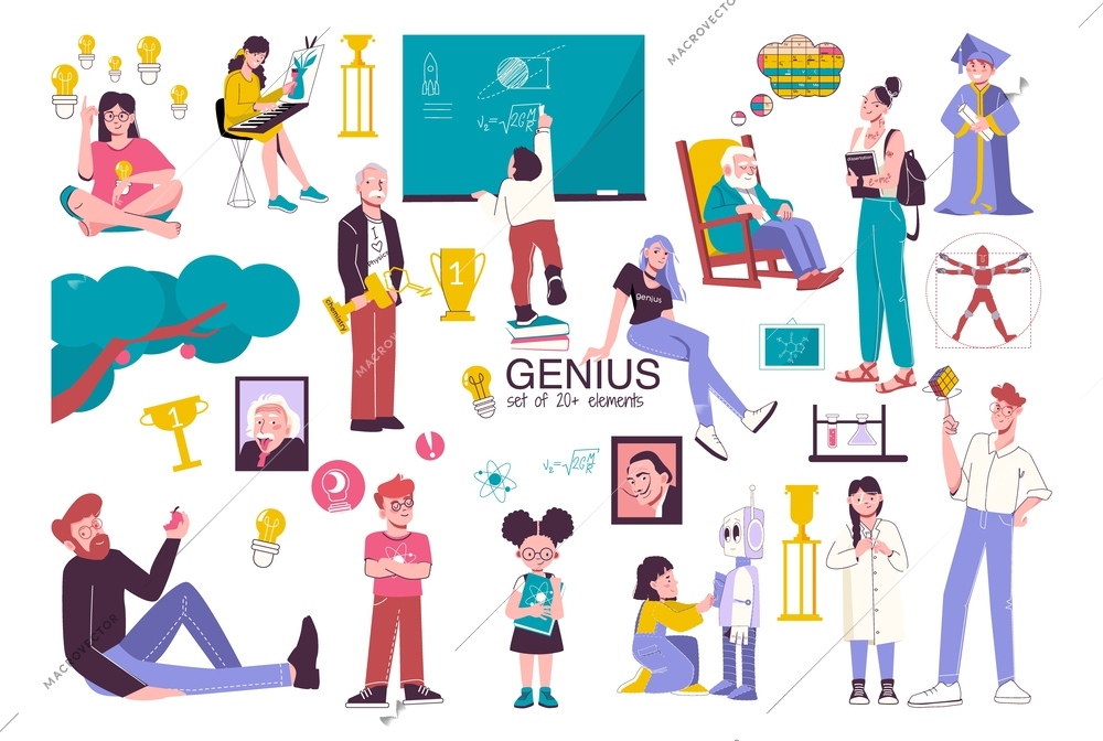 Set with isolated genius prodigy flat icons of trophies rewards education materials scientific equipment and people vector illustration