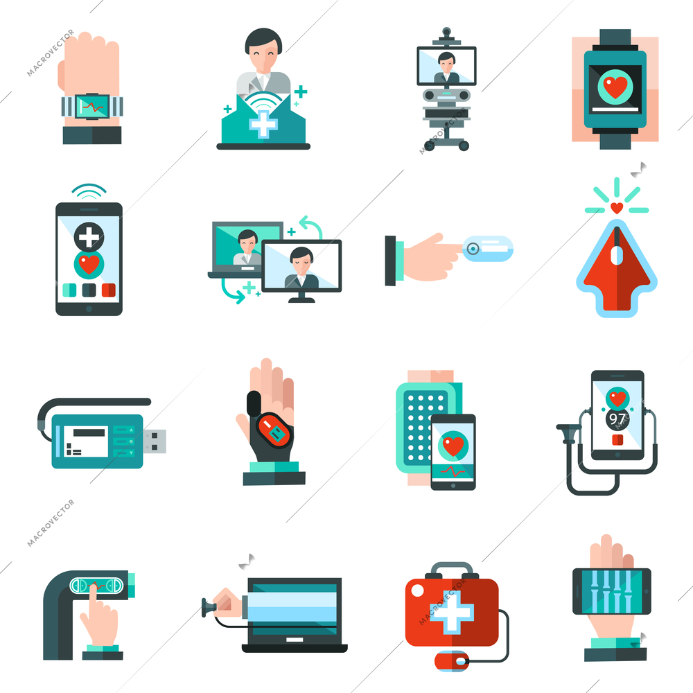 Digital medicine health monitor emergency aid icons set isolated vector illustration