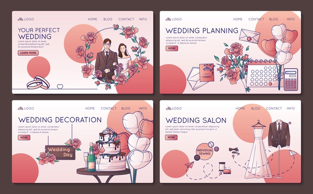 Wedding flat line set of four horizontal holiday landing pages with clickable links and editable text vector illustration