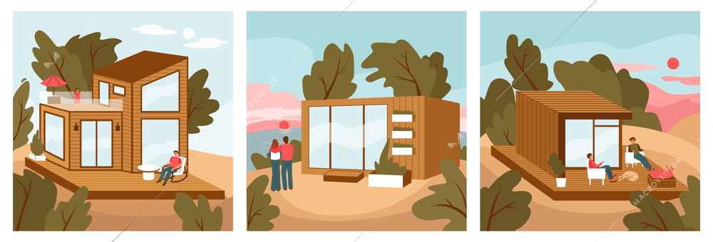 Modular house flat colored icon set with three different type of houses vector illustration