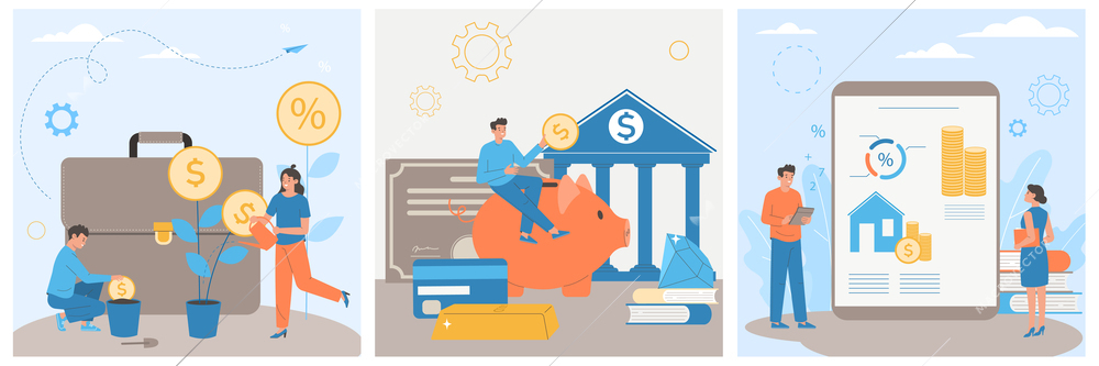 Financial literacy  set with money saving symbols flat isolated vector illustration