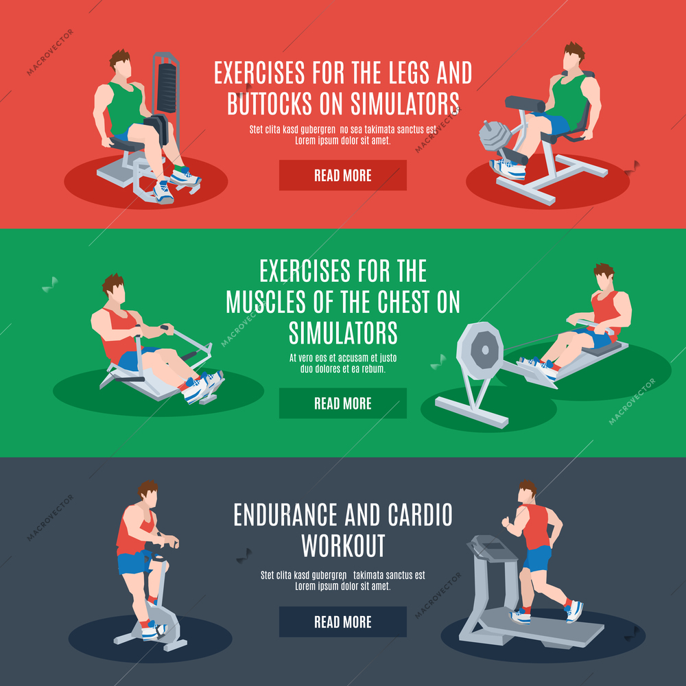 Exercise machines set with legs chest buttocks endurance and cardio workout elements isolated vector illustration