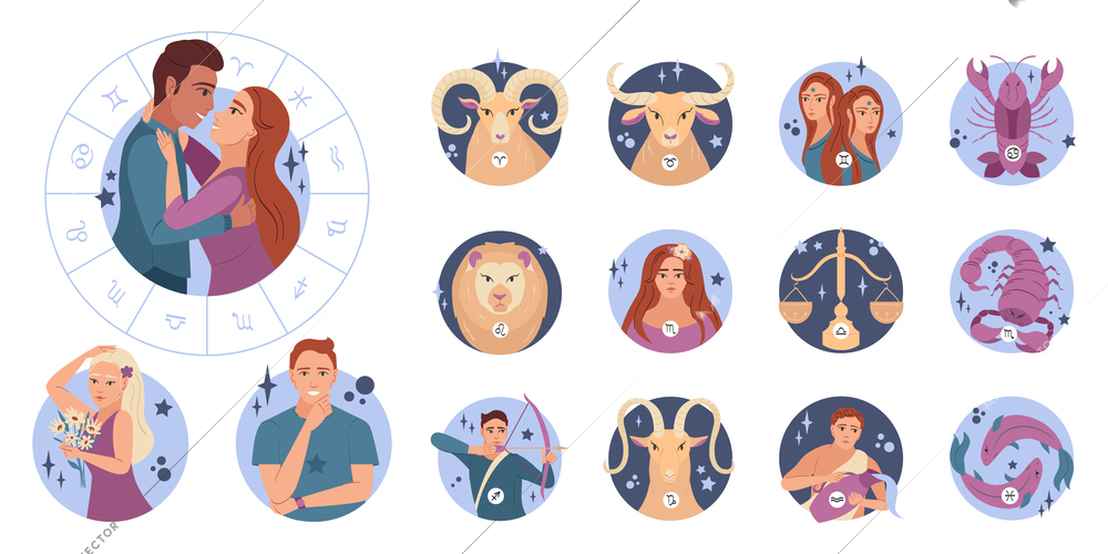 Horoscope flat set of icons with zodiac signs and hugging couple isolated vector illustration