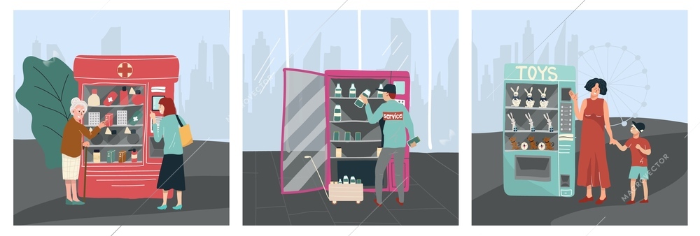 People buying goods and worker putting drinks into vending machine flat set isolated vector illustration