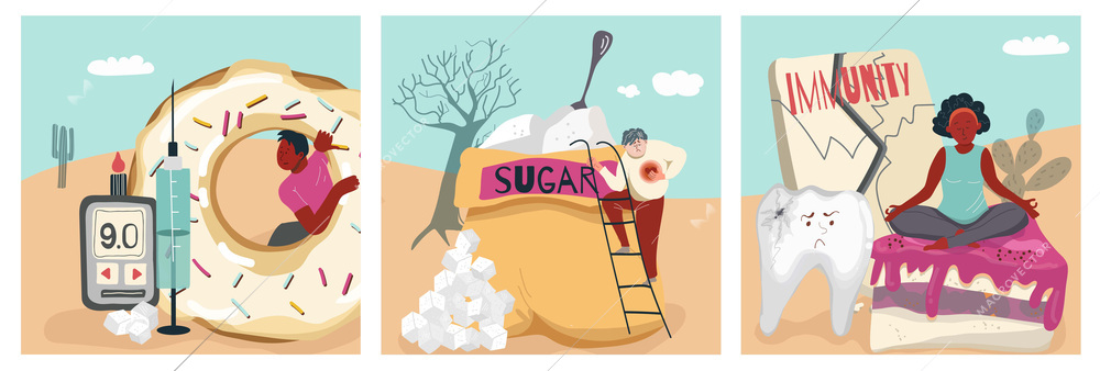 Sugar addiction flat set of three square compositions with desert landscapes human characters sweets and medication vector illustration