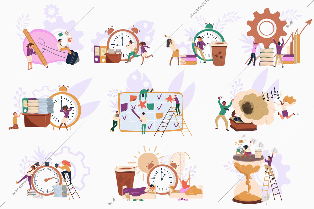 Flat set of busy people during work week isolated vector illustration