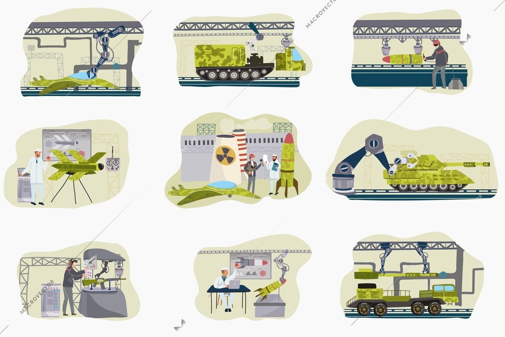 Military production flat set of fighting vehicles and rockets on assembly conveyor line and people working on plant isolated vector illustration