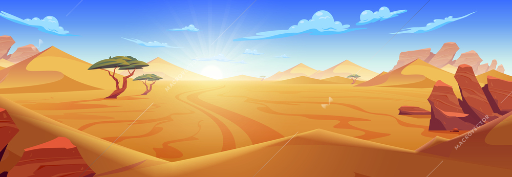 Desert composition with horizontal landscape of wasteland with mountain rocks sands and sky with dawning sun vector illustration