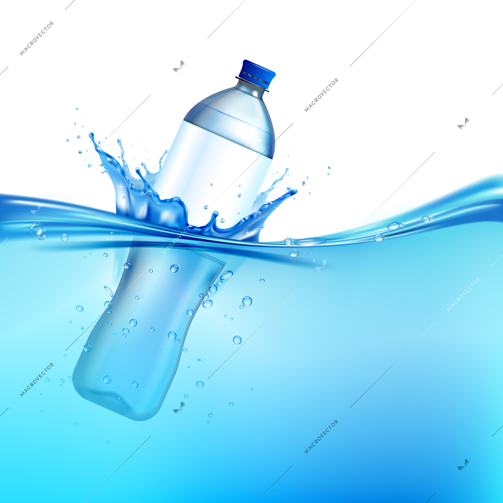 Plastic bottle splash in blue water realistic vector illustration