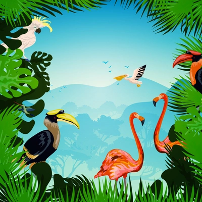 Tropical forest background with exotic plants and wild birds vector illustration