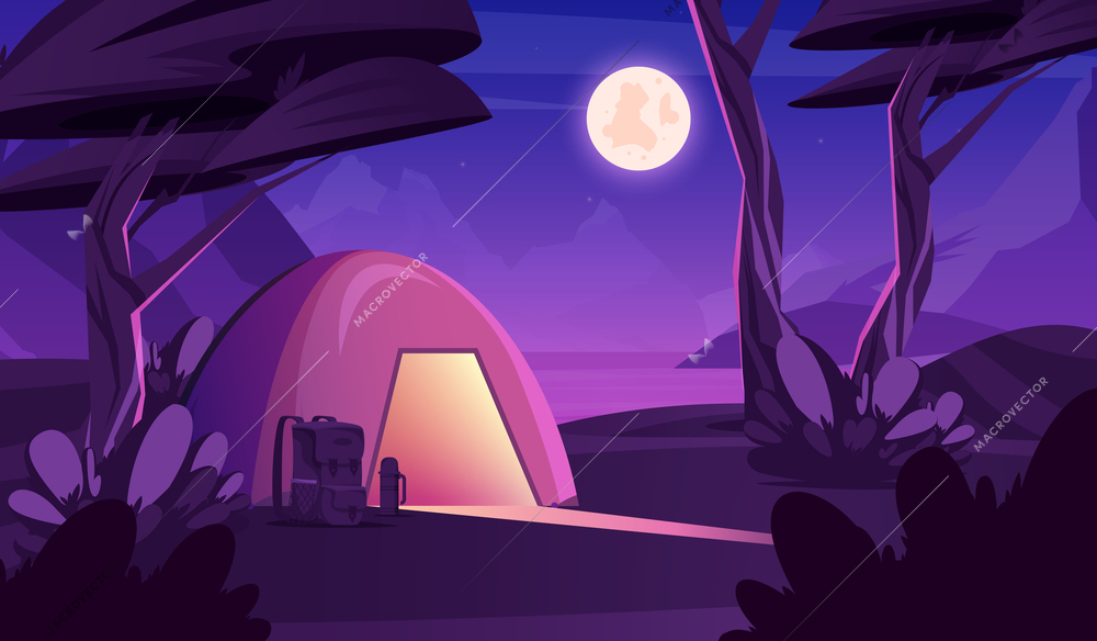 Camping night composition with outdoor scenery and wild nocturnal landscape with light coming out of tent vector illustration
