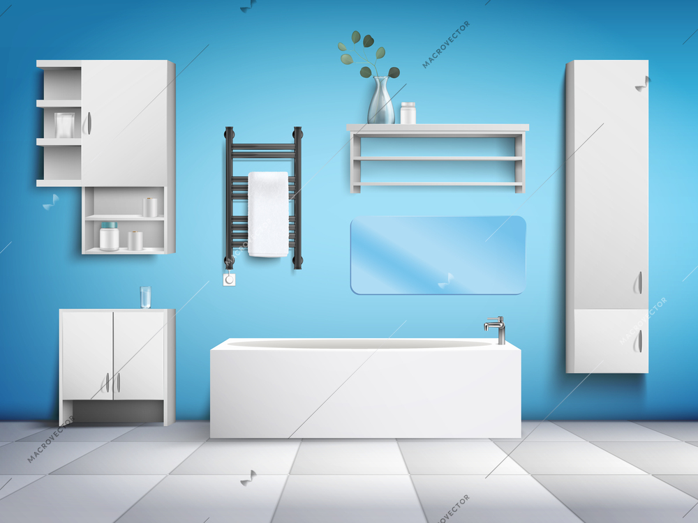 Bathroom interior with modern furniture white bathtub electric heated towel rail horizontal mirror on blue wall realistic vector illustration