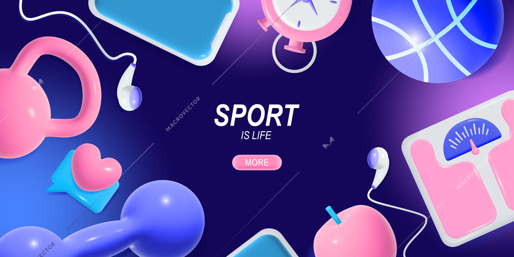 Cartoon fitness frame with various sport equipment headphones apple on gradient background vector illustration