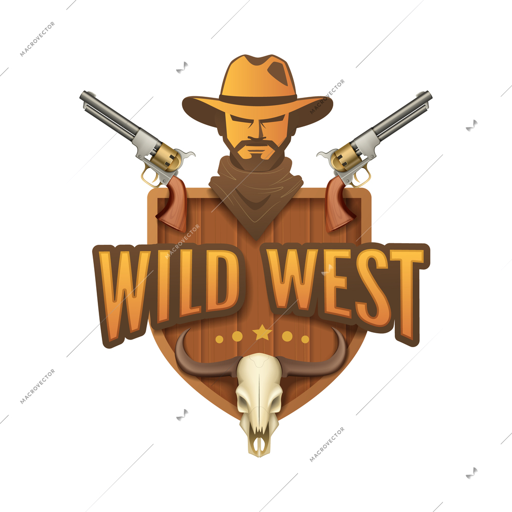 Wild west cartoon emblem with composition of human head pistols stars animal skull and editable text vector illustration