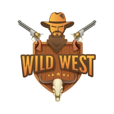 Wild west cartoon emblem with composition of human head pistols stars animal skull and editable text vector illustration