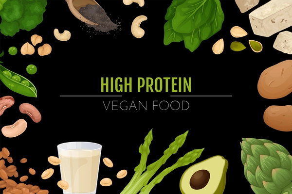 Vegan protein food chalkboard frame composition of editable text surrounded by beans leaves vegetables and milk vector illustration