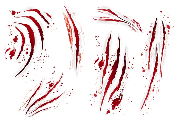 Realistic claws scratches animal blood set with isolated images of bloody scrapes and lots of droplets vector illustration