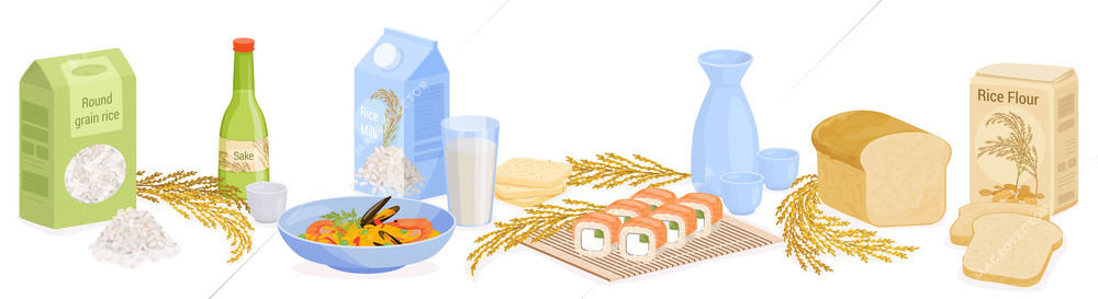 Rice products flat composition with view of product packages bottles with drinks sushi rolls and bread vector illustration