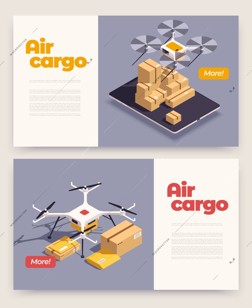 Air cargo isometric banner set with drones delivering cardboard boxes isolated vector illustration