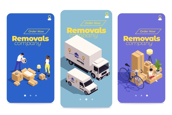 Relocation service isometric banner set with removal company work scenes isolated vector illustration