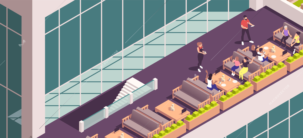 Street cafe isometric concept with roof top terrace vector illustration