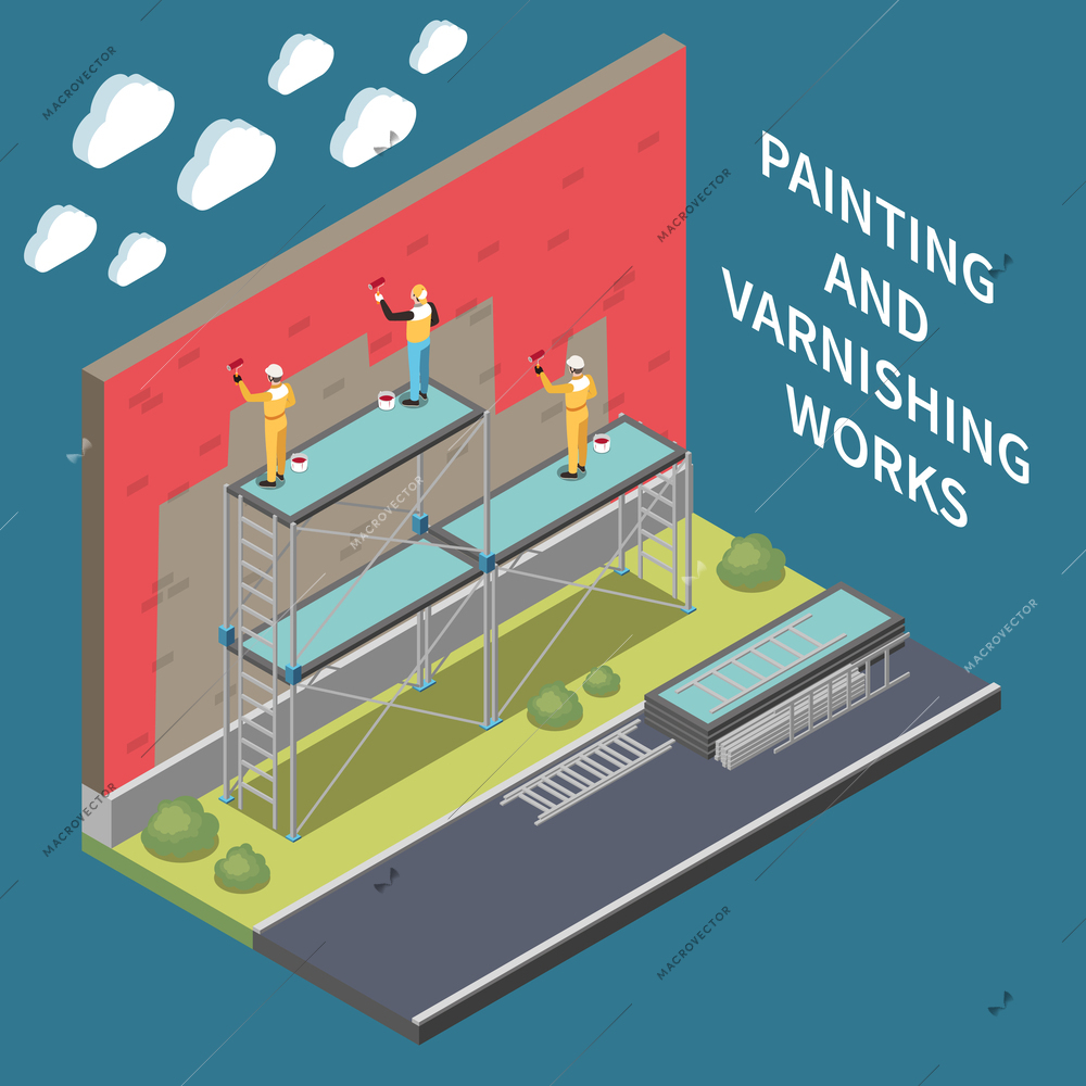 Height work isometric composition with people using scaffolding equipment for painting and varnishing works vector illustration