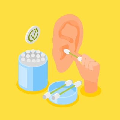 Hearing hygiene isometric composition with human ear and cotton buds on yellow background vector illustration