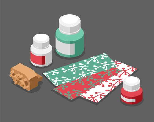 Fabric printing technologies isometric background with jars of paint and pieces of cloth with colored patterns vector illustration