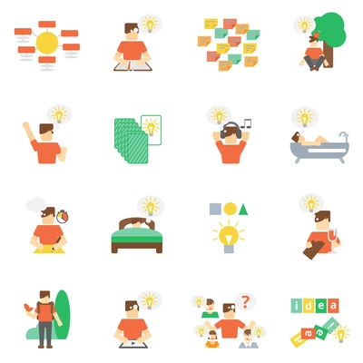 Ideas development creative thinking and imagine icons flat set isolated vector illustration