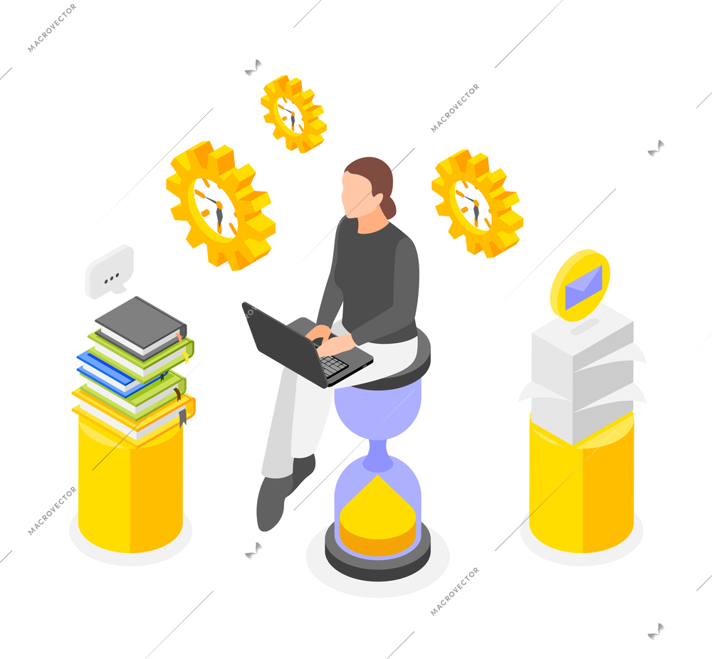 Personal productivity isometric design concept with woman sitting on large hourglass surrounded by stacks of books vector illustration