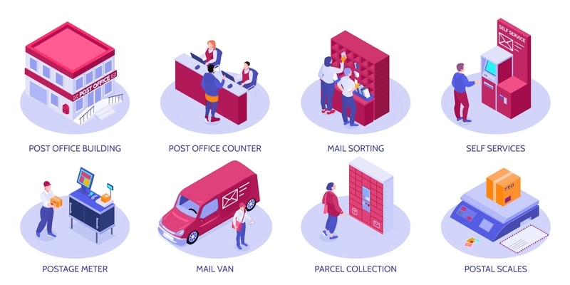 Set of eight isolated isometric post office compositions with text captions and icons of postal services vector illustration