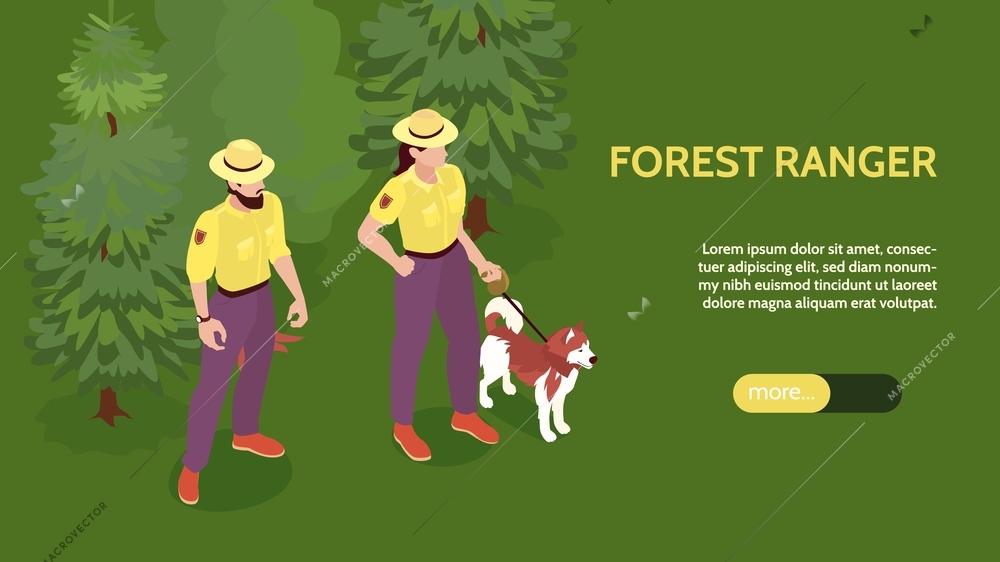 Isometric forest ranger horizontal banner with composition of trees people in uniform with button and text vector illustration