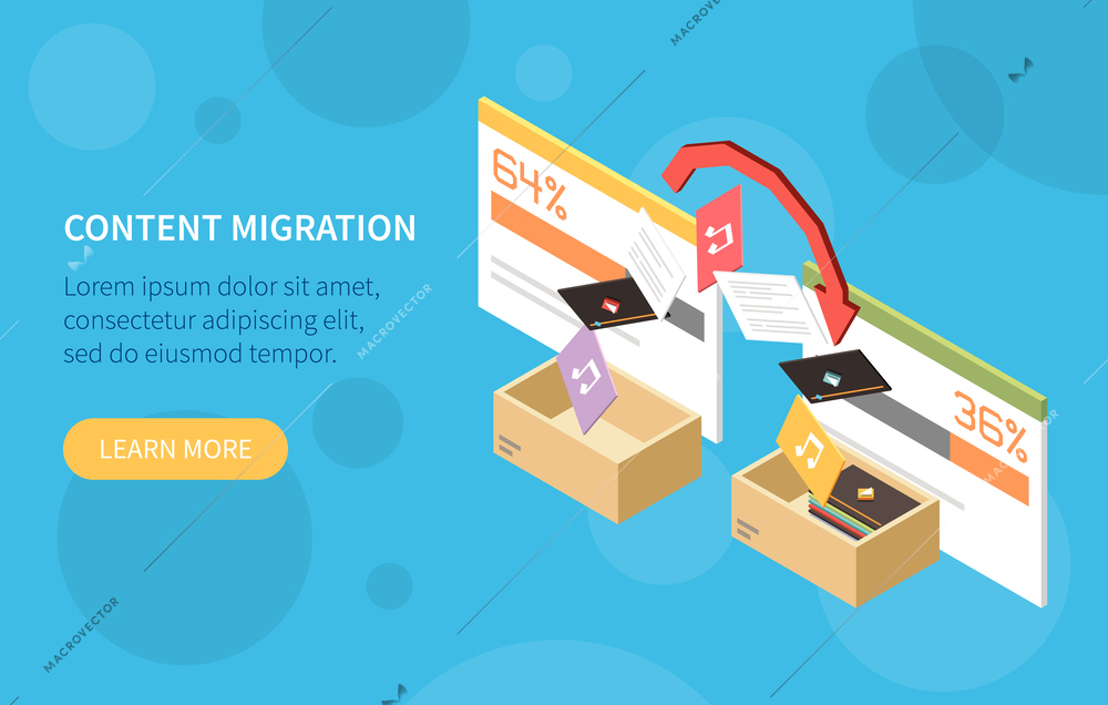 Horizontal content management isometric banner with content migration description and learn more button vector illustration