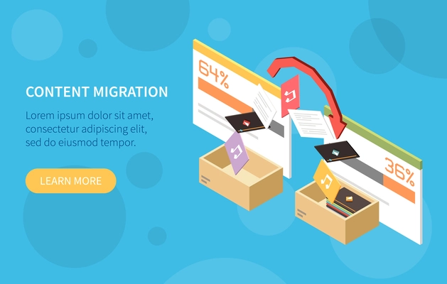 Horizontal content management isometric banner with content migration description and learn more button vector illustration