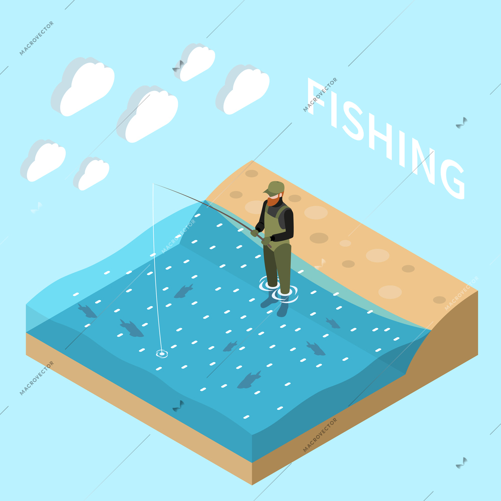 Fishing fisherman isometric colored and isolated concept man fishing on the riverbank vector illustration