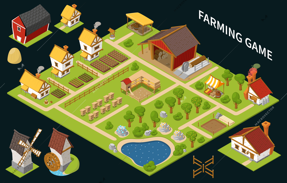Colored and isometric game concept with farming game headline houses trees and different buildings vector illustration