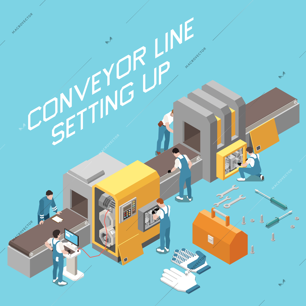 Industrial maintenance engineer technician isometric colored composition with conveyor line setting up vector illustration