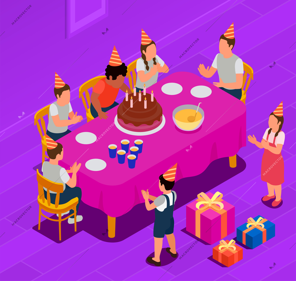 Birthday party isometric concept with boy blowing out candles and his friends sitting at festive table 3d vector illustration