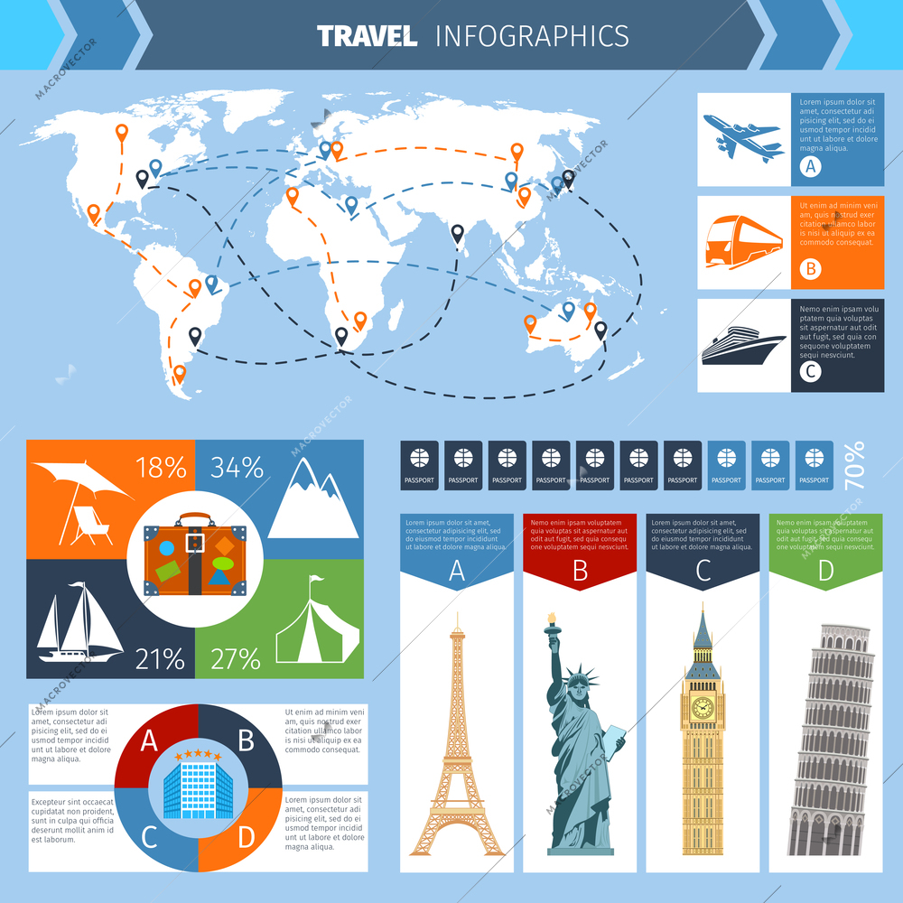 Travel infographic set with world landmarks map and charts vector illustration