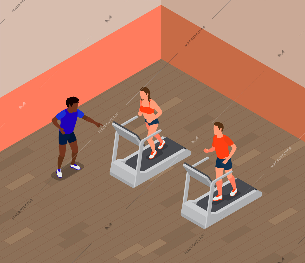 People running on treadmill in gym isometric composition vector illustration