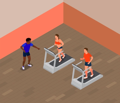 People running on treadmill in gym isometric composition vector illustration