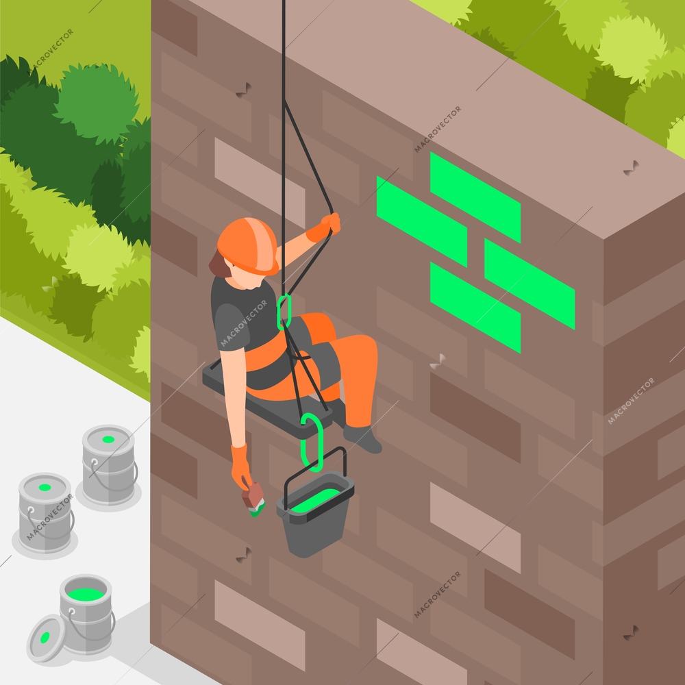 Industrial climber isometric composition with male character in helmet and safety belt hanging on rope painting wall vector illustration